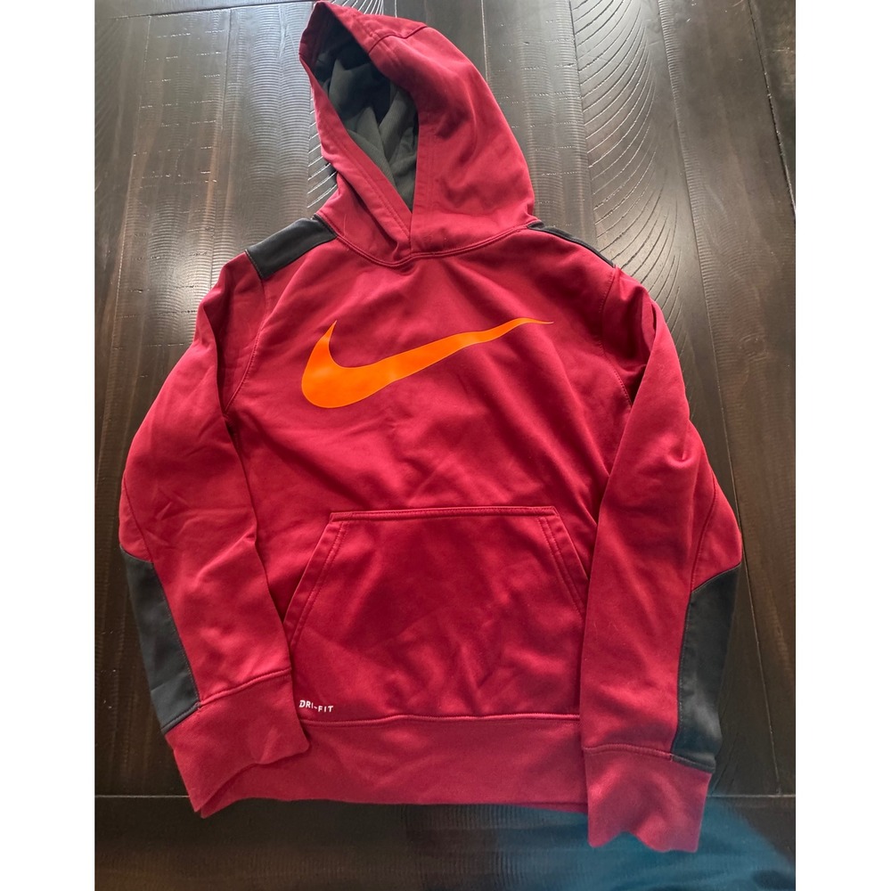 Nike Dri-FIT Hoodie Kids Large Red Black Orange Swoosh Pullover Sweatshirt